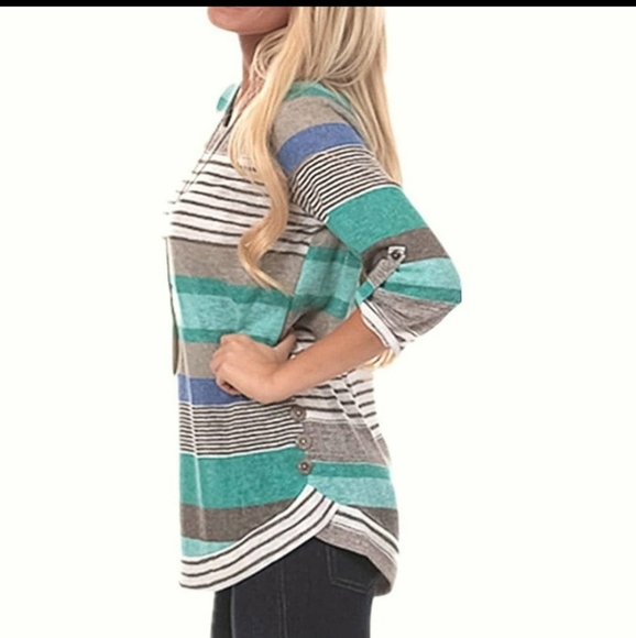 Knitted Fashion Stripe 3/4 Sleeve  Tunic Top - Picture 4 of 6